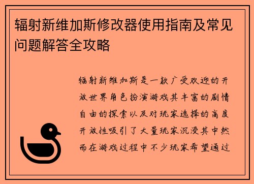 辐射新维加斯修改器使用指南及常见问题解答全攻略